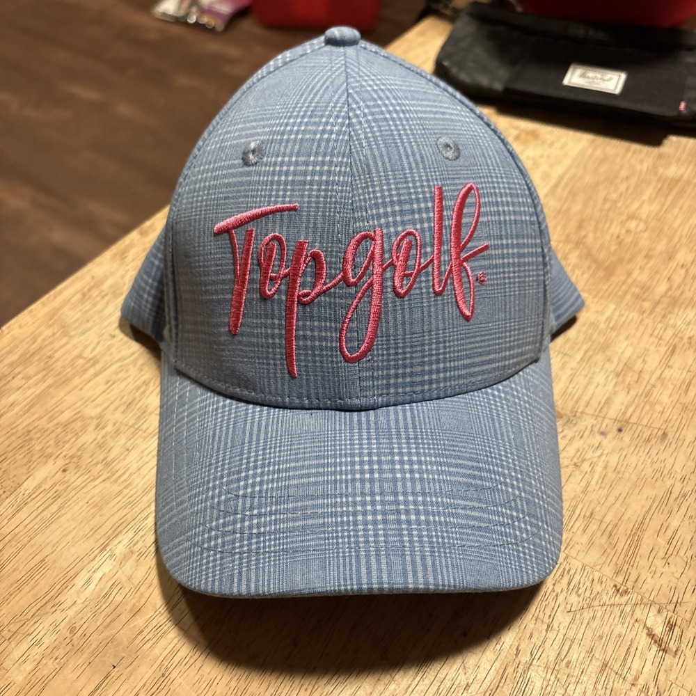 Top Golf Cap Blue Plaid Pink Embroidered Script Hat Women One Size Polyester